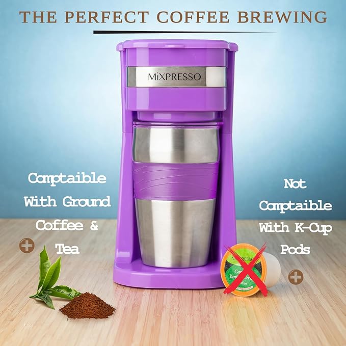 Mixpresso Purple Personal Single Serve Coffee Maker with 14oz Travel Mug, Drip Small Coffee Maker with Auto Shut Off, Reusable Filter, Works with Ground Coffee Only ??Not for K-Cup Pods