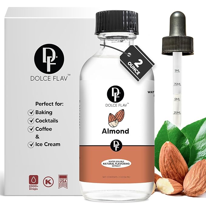 Dolce Flav Natural Almond Extract ??2 Ounce Water-Soluble Kosher, Sugar-Free, Concentrated Pure Almond Flavoring for Baking, Pastries & Beverages, Includes Measured Dropper