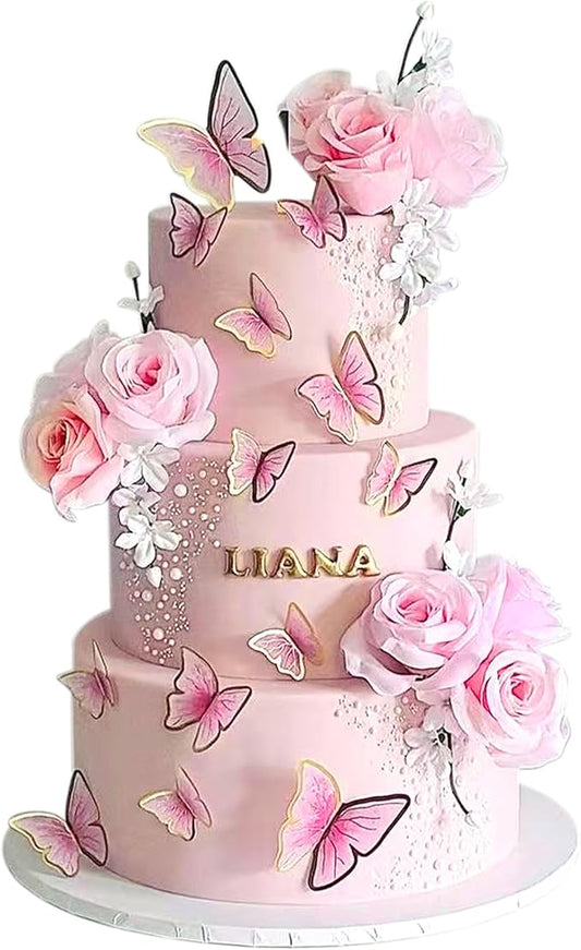 30pcs Red Gold Edge Mixed Size Lively 3D Waterproof Butterfly Cupcake Topper for Girls Women's Happy Birthday Wedding Party Cake Wall Party Food Decorations