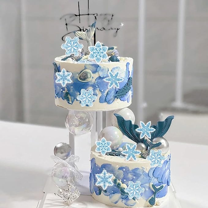 48Pcs Edible Cake Cupcake Toppers Snowflakes - Wafer Paper Edible Cake Decorations & Snowflake Cupcake Toppers for Christmas, Winter Birthday Party Decor Supplies (Light Blue & White)