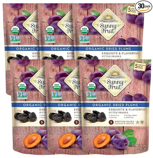Sunny Fruit Soft Organic Prunes - 6 Bags (30 Individual Portion Packs) | No Preservatives, No Sugar Added | Healthy, Convenient Dried Plums Snack Packs | ORGANIC, NON-GMO, VEGAN, HALAL, KOSHER