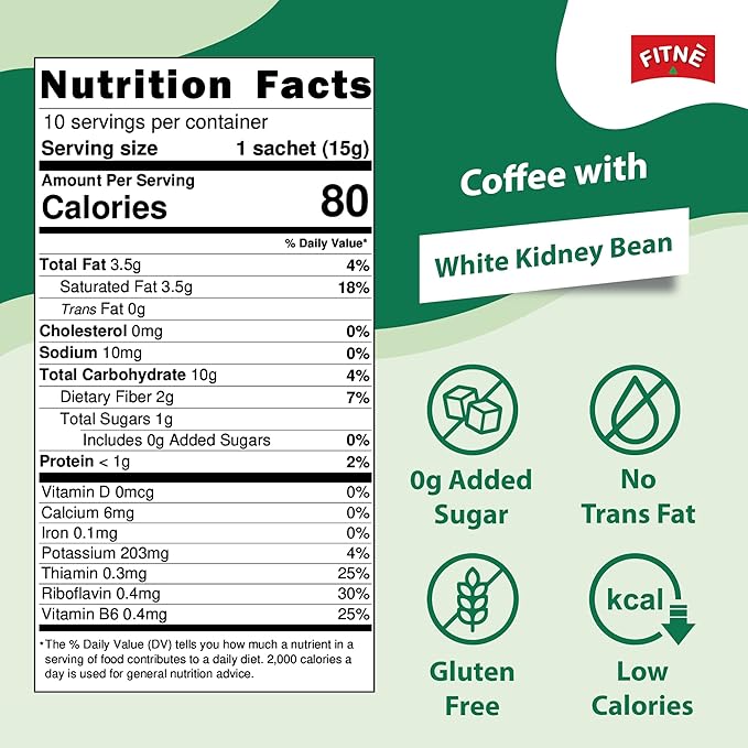 FITNE Instant 3 In 1 Coffee Packets Mix With White Kidney Bean Extract L-Lysine Vitamin B1 B2 B6 Smooth Blend No Sugar Sucralose Sweetener, 10 Sticks