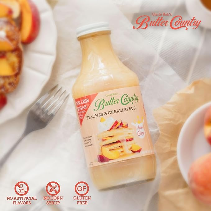 Butter Country Rich & Creamy Peach Syrup for Pancakes and Waffles, All Natural Fruity Topping Use on Drinks, Desserts, French Toast - 16oz Bottle, 2 Pack