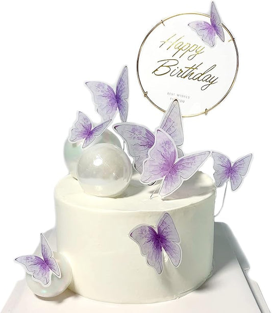 11-Piece Purple Butterfly Cake Toppers Set: Happy Birthday Metal Gold Cake Topper & Decorations