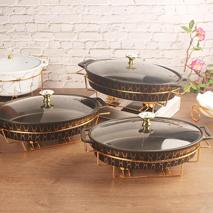 11" x 7.5" Ceramic Oval Casserole Dish with Glass Lid and rack, 40 OZ Serving Soup Tureen,Chafing Dish for Buffet, Family Food preserve Tray, Catering Casserole for Party Style, Black