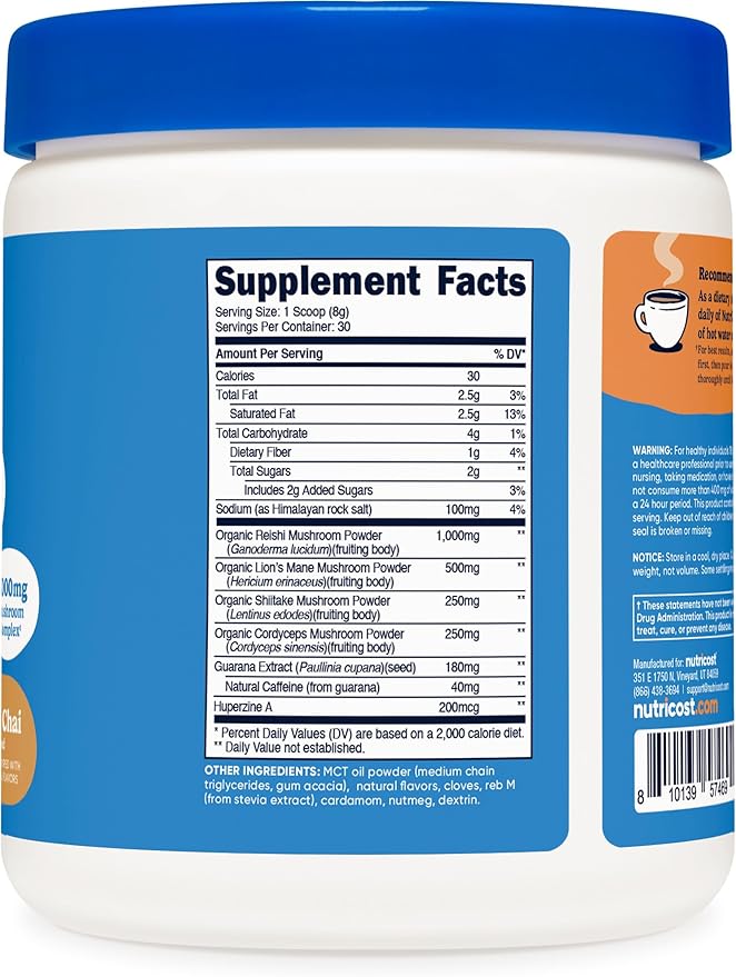 Nutricost Nutrizen AM Focus Adaptogenic Mushroom Drink (Vanilla Chai Flavored) 30 Servings - Includes Reishi, Lion's Mane, Shiitake, Cordyceps