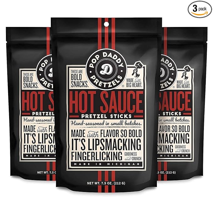 Pop Daddy Flavored Pretzels Sticks, Healthy Gourmet Pretzels Snacks, 7.5oz Individual Bags, 3 Pack, Hot Sauce