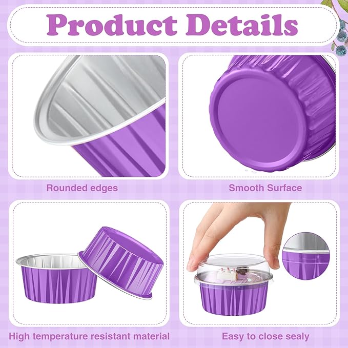 Gejoy 400 Pcs Aluminum Foil Baking Cups with Lids 5 oz Disposable Ramekins Mini Cake Pans Creme Brulee Cupcake Liners Muffin Tins Flan Mold Dessert Container for Wedding(Purple,Classic)