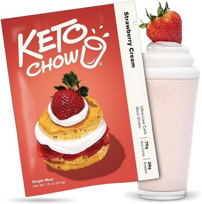 Keto Chow Strawberry Cream - Keto Meal Replacement Shake Powder - Nutritionally Complete - Low Carb - Delicious Easy Meal Substitute - Protein Rich You Choose The Fat - Single Meal Sample