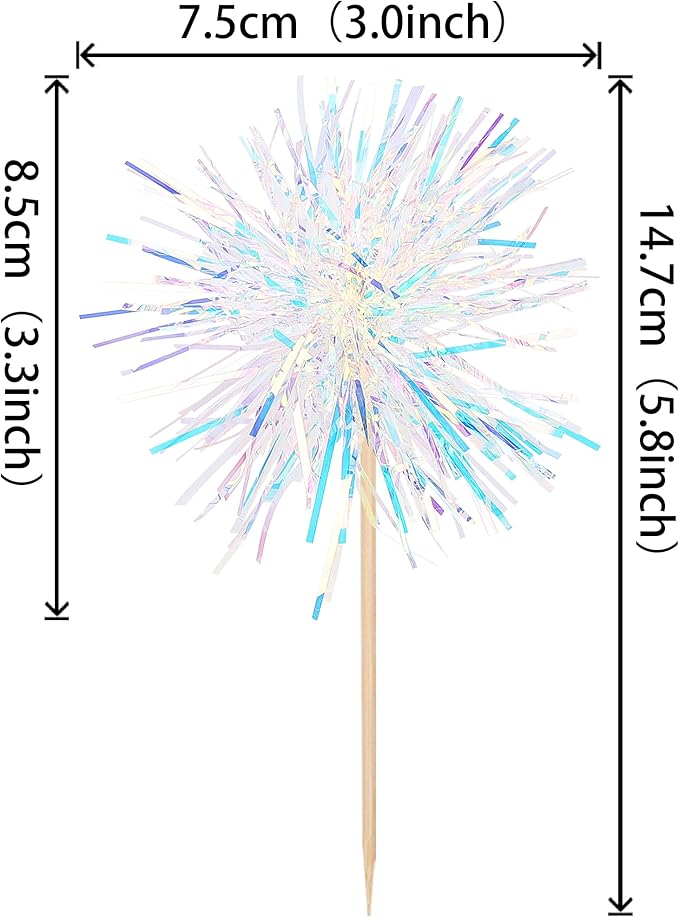 Rsstarxi 30 Pack Foil Firework Cupcake Toppers Birthday Party Decorations Sparkle Tinsel Cocktail Food Fruit Toothpick for Valentine's Day Wedding Birthday Party Decorations Silver