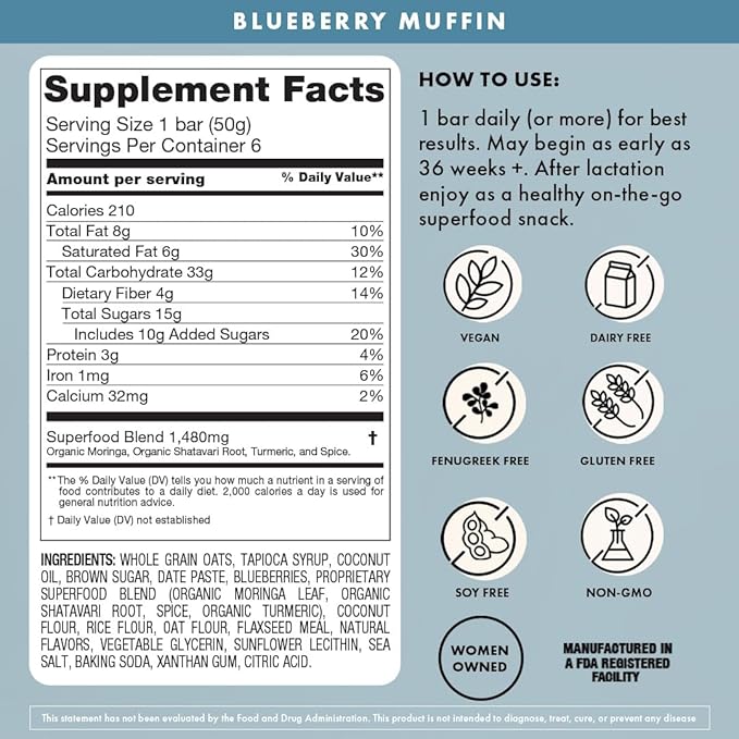 Boobie Bar Superfood Blueberry Muffin Lactation Bar for Breastfeeding Moms to Increase Milk Supply | #1 Selling Lactation Snack Bars | Vegan, Fenugreek-Free, Gluten-Free, Dairy-Free (7 Bars)