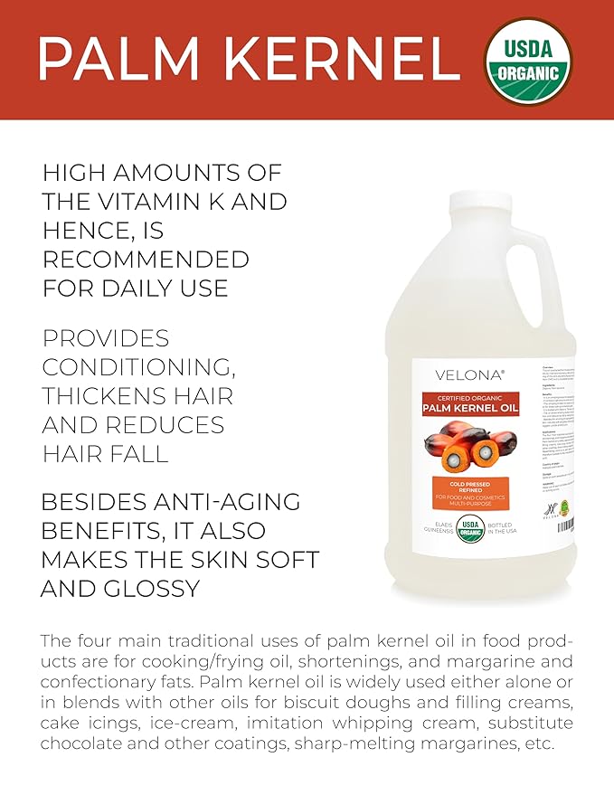 velona USDA Certified Organic Palm Kernel Oil - 1 Gallon / 128 Fl Oz | 100% Pure and Natural Carrier Oil | Refined, Cold Pressed | Face, Hair, Body & Skin Care | Use Today - Enjoy Results