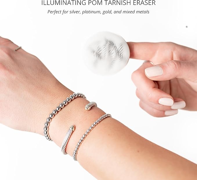 Illuminating Pom Tarnish Eraser - Formula-Free Sterling Silver Polisher, Non-Toxic Jewelry Cleaner Cloth Alternative, Chic Storage Jar, Safe All Metals