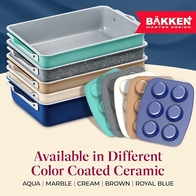Bakken 8-Piece Stackable Bakeware Set - Ceramic Non-Stick Coating, Baking Sheets, Assorted Baking Pans, PTFE, PFOA & PFOS Free - Healthy Baking, Ergonomic Handles, Cooling Rack, Non-Toxic, Oven-Safe