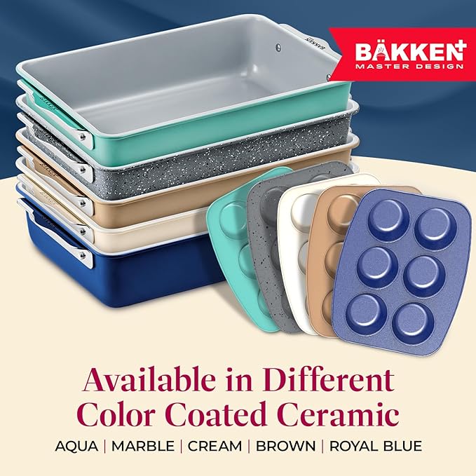 Bakken 8-Piece Stackable Bakeware Set - Ceramic Non-Stick Coating, Baking Sheets, Assorted Baking Pans, PTFE, PFOA & PFOS Free - Healthy Baking, Ergonomic Handles, Cooling Rack, Non-Toxic, Oven-Safe