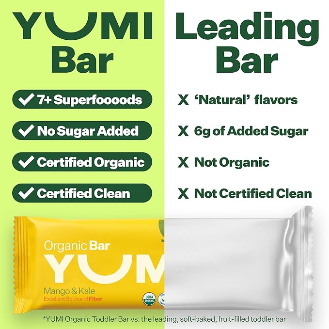 Yumi Organic Toddler Snacks Bars - Gluten-Free, No Added Sugar, 7+ Vegetables, Soft-Baked Crust, Yumi Bars Healthy Toddler Organic Snacks - School Safe and for Lunch Boxes, Mango & Kale (30ct.)