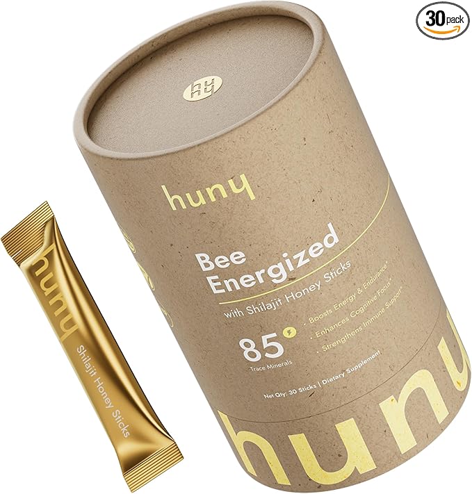 HUNY Bee Energized with Shilajit Honey Sticks | 85+ Trace Minerals for Clean Energy, Focus & Immune Support | Pure Himalayan Shilajit for Men & Women | 30 Count (Pack of 1)