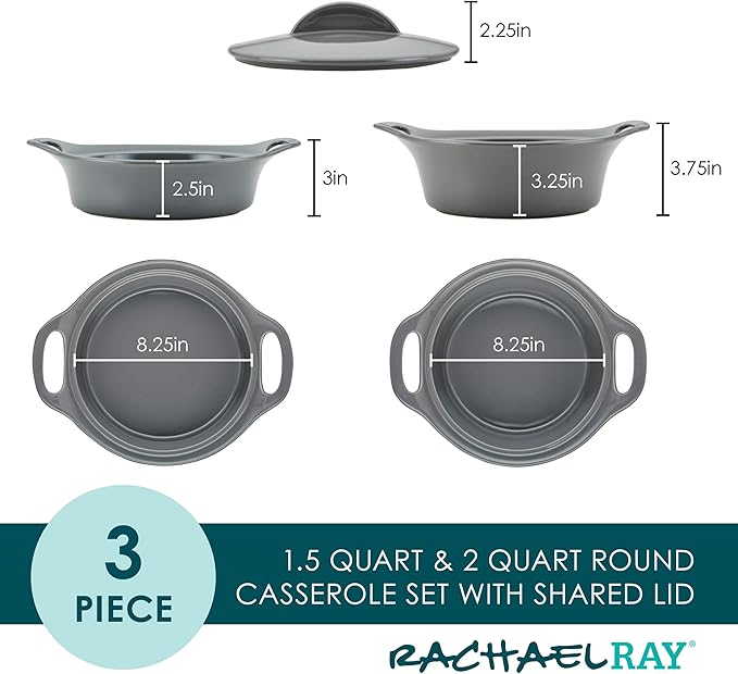 Rachael Ray Solid Glazed Ceramics Casserole Bakeware/Baker Set with Shared Lid, 3 Piece, Dark Gray