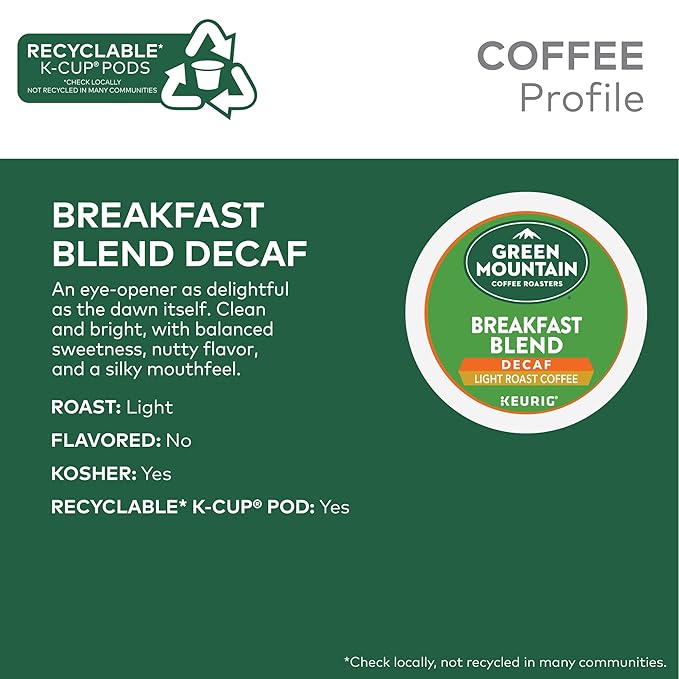 Green Mountain Coffee Roasters Breakfast Blend Decaf Coffee, Keurig Single Serve K-Cup pods, Light Roast, 96 Count