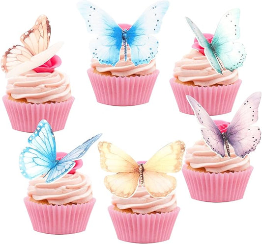 Rsstarxi 60 Pack Edible Butterfly Cupcake Toppers, Butterfly Cake Decorations Wafe Paper Birthday Party Decorations for Baby Shower Wedding Anniversary Birthday Party Decorations Multi