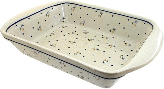 Blue Rose Polish Pottery - Off-white Country Meadow Large Rectangular Baker with Handles - 9" x 6.5" - Unique, Dishwasher Safe, & Durable Bakeware