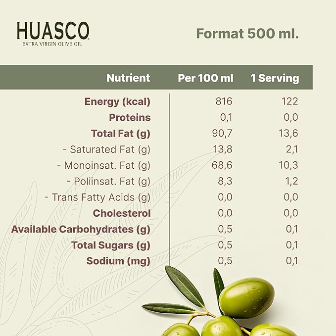 Extra Virgin Olive Oil by HUASCO |First Cold Press - From Chile, 16.9 Fl Oz (500 Ml) - 4 pack