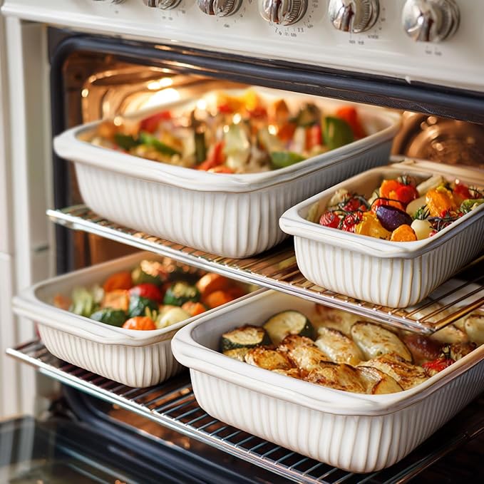 Artena Casserole Dishes For Oven, Ceramic Baking Dish, Large Lasagna Pan With Handles, Baking Pan Casserole Dish, Rectangular Bakeware Deep, White, Set Of 3 (5.1Qt/2.3Qt/1.1Qt) (Baking Dish With Rack)