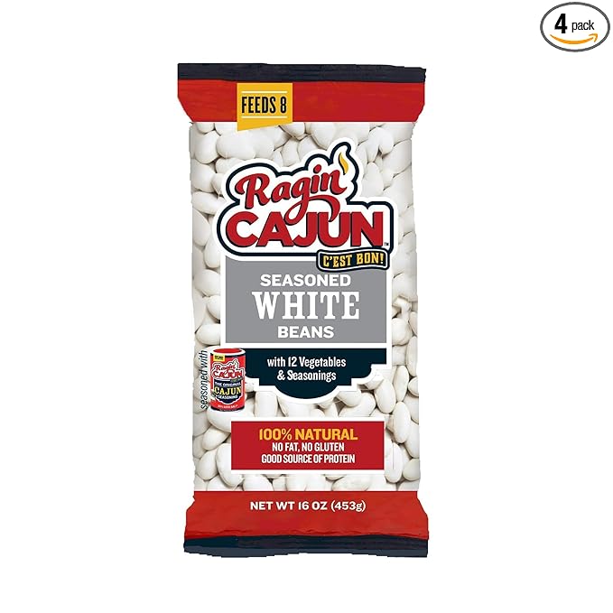 Ragin' Cajun Seasoned White Beans - 16 oz Pack, Pack of 4, Fat-Free, Gluten-Free, Reduced Sodium - Authentic Louisiana Creole Dish