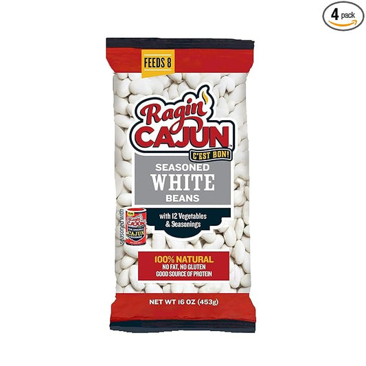 Ragin' Cajun Seasoned White Beans - 16 oz Pack, Pack of 4, Fat-Free, Gluten-Free, Reduced Sodium - Authentic Louisiana Creole Dish
