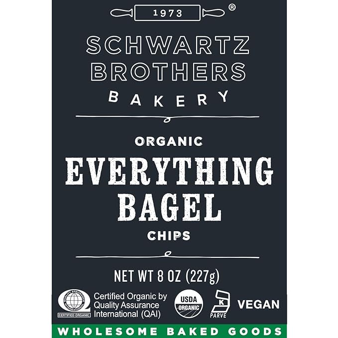 Everything Bagel Chips NY Style Bagel Crisps. Organic, Vegan, Kosher. From the artisans of Schwartz Brothers Bakery. Baked Fresh. Twice Baked. 8 ounce container. Great Snack. Delicious. Pack of 2.