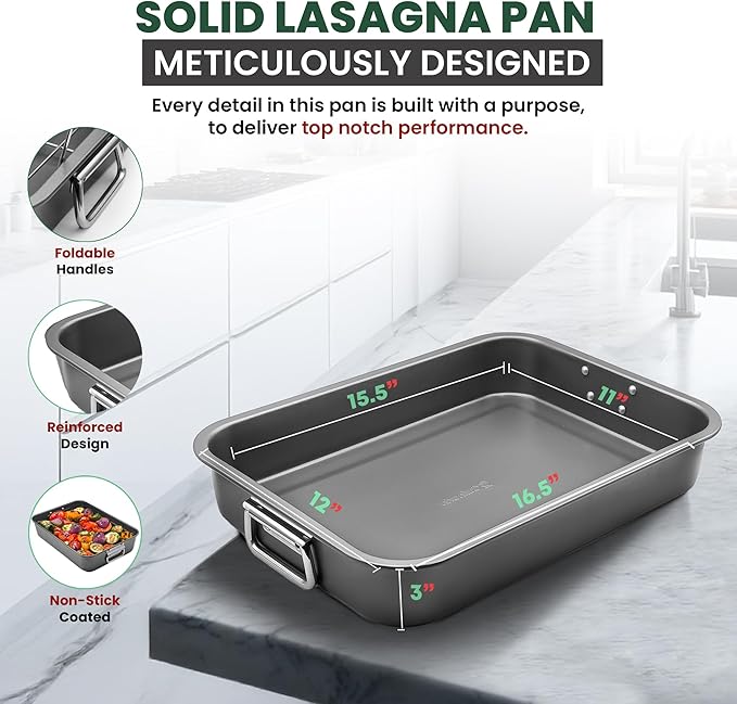 Large Lasagna Pan 12??x 16??- Heavy-Duty Nonstick Casserole Dishes for Oven - Convenient Deep Lasagna Baking Dish With Foldable Handles - Casserole Dish Is Dishwasher Safe and Perfect for Any Meal
