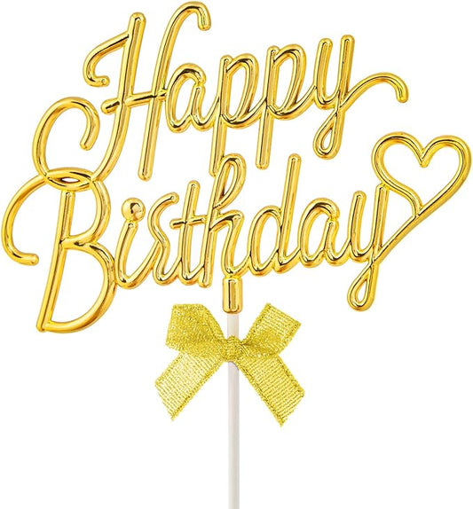 Gold Cursive Happy Birthday Cake Topper Plastic - 3D Double Sided Happy Birthday Sign for Cake with Bow, Idea for Cake Decoration (LIGHT GOLD)