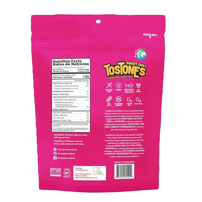 TOSTONES, Green Plantains, Re-Sealable Bag, Crunchy chips, Plantains, Palm Oil and Salt, 3.53 Oz per Unit, SWEET CHILI Flavored, 1 Pack,
