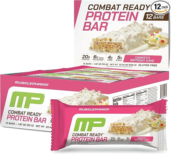 MusclePharm Combat Ready Protein Bar, Confetti Cake High Protein Bars, Combat Cravings, Fuel Performance & Meet Energy Demands, 20g Protein from Whey Protein, 4g Fiber, Gluten Free, 12 Bars