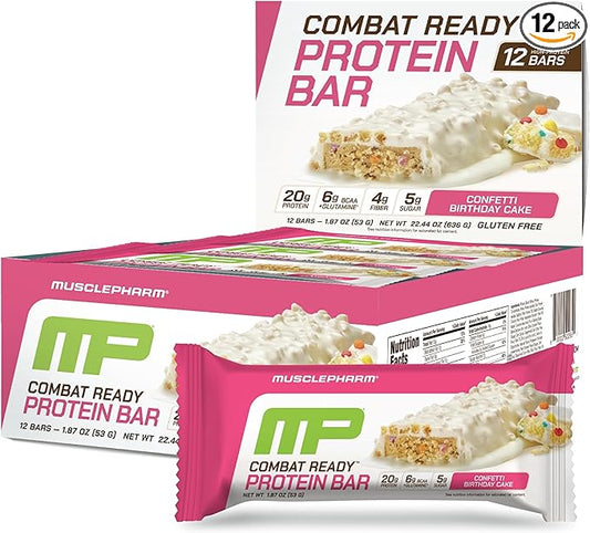 MusclePharm Combat Ready Protein Bar, Confetti Cake High Protein Bars, Combat Cravings, Fuel Performance & Meet Energy Demands, 20g Protein from Whey Protein, 4g Fiber, Gluten Free, 12 Bars
