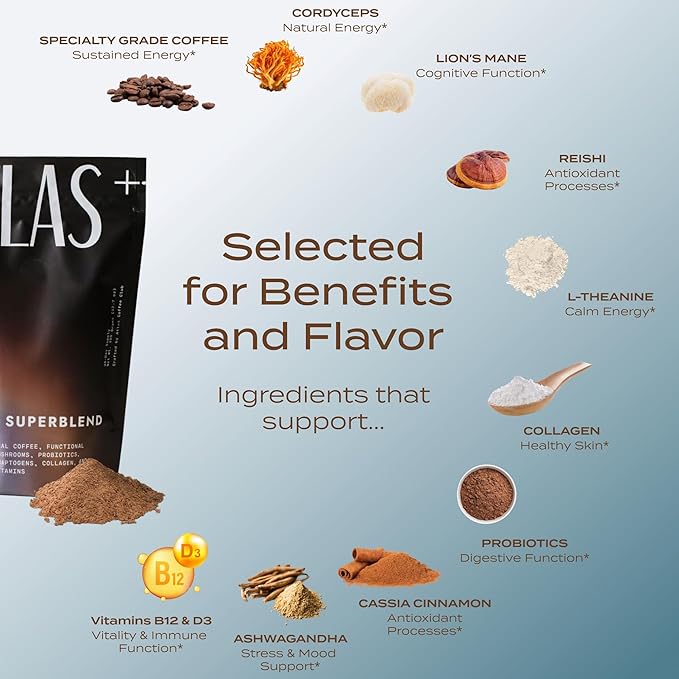 Atlas+ Coffee Superblend??Instant Mushroom Coffee with Lion?™s Mane, Reishi, Cordyceps, Ashwagandha, Probiotics, Vitamin D3 & B12??for Energy, Focus, Immunity & Gut Health??28 Servings (1 Bag)
