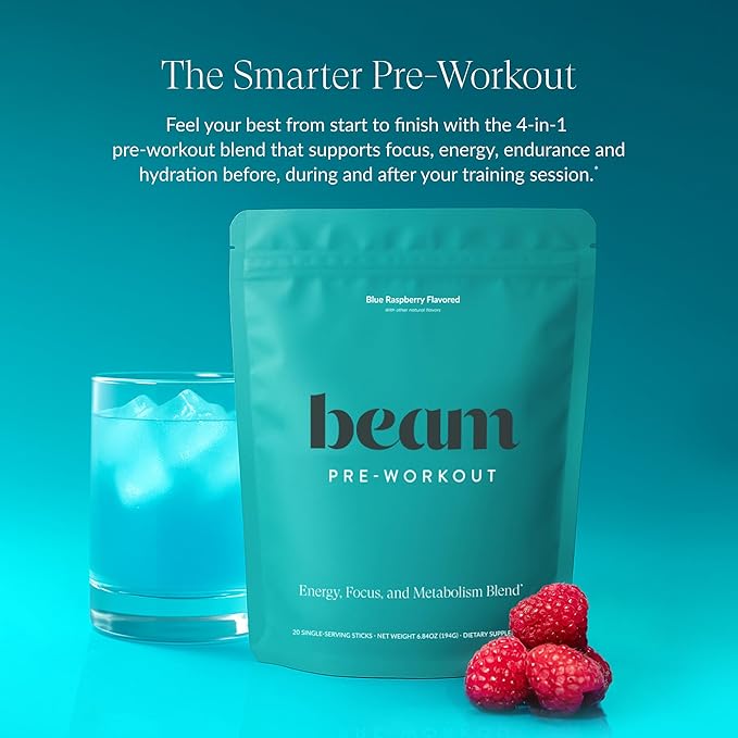 Beam Pre Workout Powder for Energy, Focus & Endurance ??Natural Caffeine from PurCaf, Cognizin, Electrolytes, L-Citrulline, Beta-Alanine, L-Theanine ??No Crash, Jitter-Free, 20 Serving Sticks