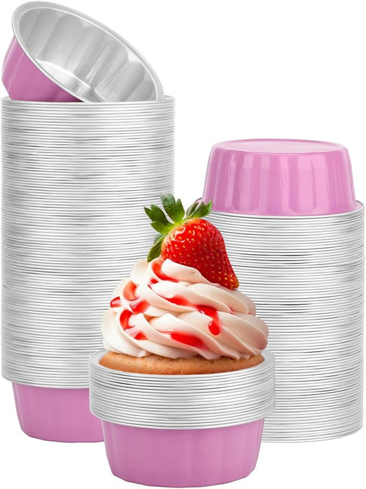 Beasea Disposable Baking Cups, 8oz 200 Pack Aluminum Ramekins Foil Baking Cups 3.9" Cupcake Aluminum Mini Baking Cups for Party - Cherry Blossoms Pink