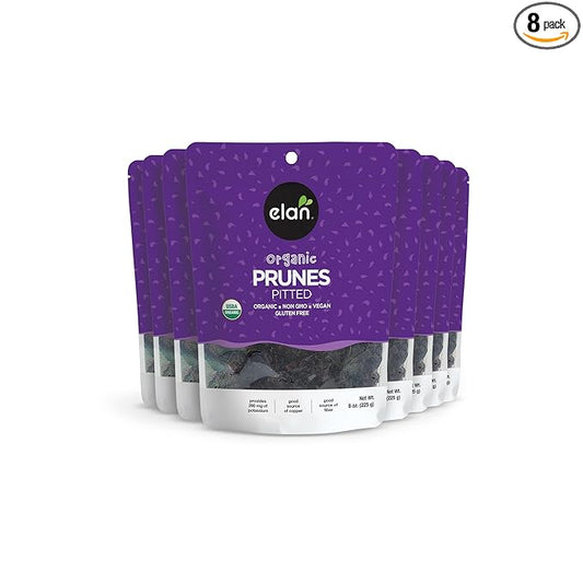Elan Organic Pitted Prunes, Natural Dried Fruit, No Sugar Added, Sulphite-free, Non-GMO, Vegan, Gluten-Free, Kosher, Healthy Snack, Dried Plums, 8 pack of 7.9 oz