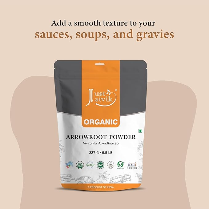 Just Jaivik USDA Certified Organic Arrowroot Powder - Gluten Free, Non GMO, Vegan Friendly, Natural Thickening Agent for Cooking and Baking