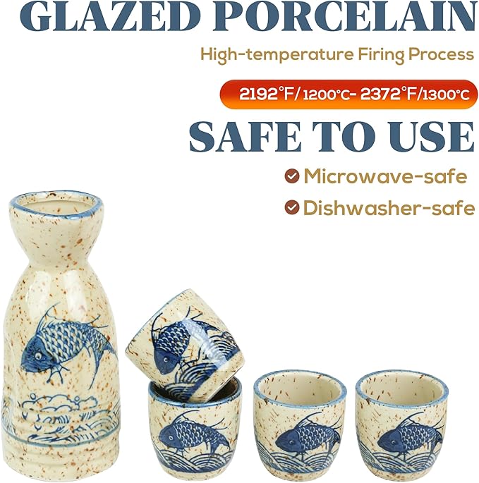 Ceramic Sake Set, 5pcs Japanese Saki Set with 1 Sake Carafe 4 Sake Cups, Saki Cup Set as Gift for Sake Japanese Wine/Hanzo Sake/Soju/Sake Drink/Saki Drink/Tea