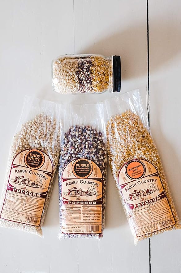 Amish Country Popcorn | Variety Bundles - 3 (1 Lb Bags - Baby White, Ladyfinger, Purple Kernels) | Old Fashioned, Non-GMO and Gluten Free
