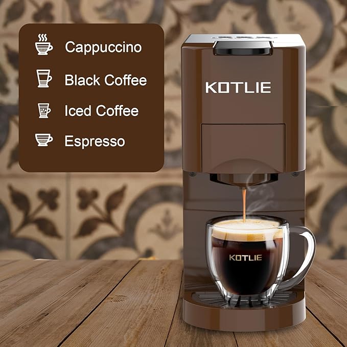 KOTLIE 513K Single Serve Capsule Coffee Machine fits for K-Cup capsule/Nes*p Original/Ground Coffee/44mm ESE,0.8L,Compact Size(Coffee)