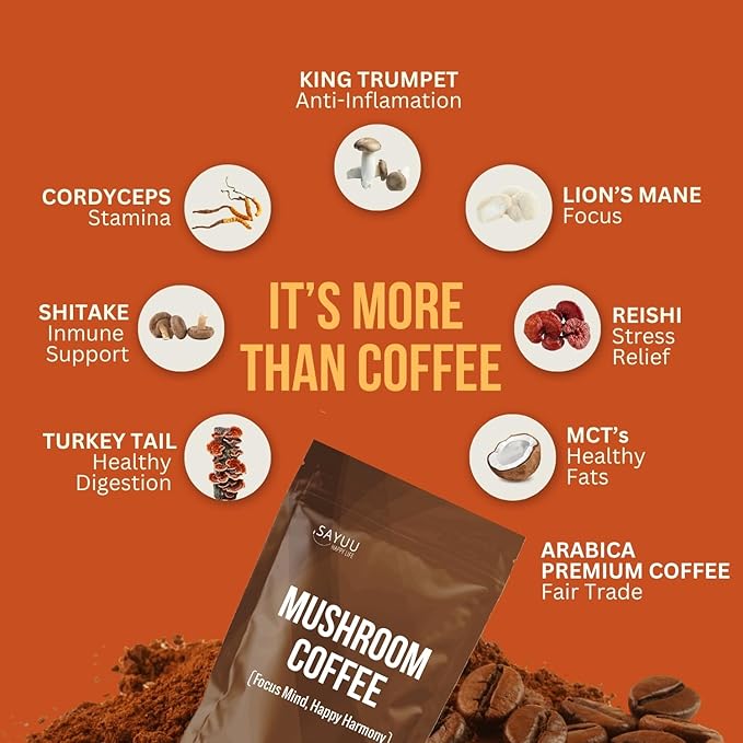 SAYUU Mushroom Coffee Blend ??Focus, Energy & Harmony ??Vegan, Functional Mushrooms, Cordyceps, Lion?™s Mane & Reishi ?“Dietary Supplement - 30 Servings