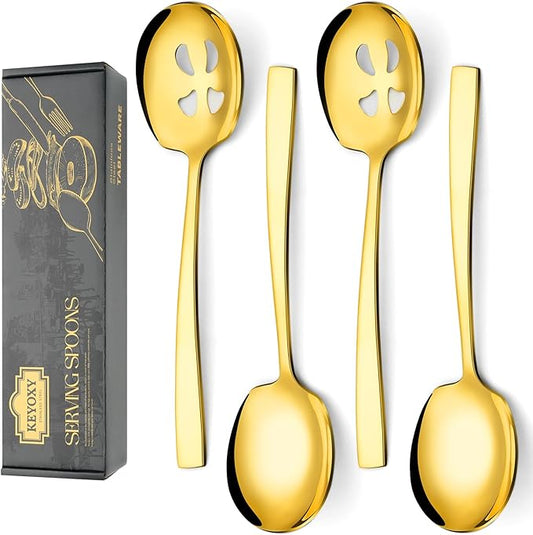 4 Piece Stainless Steel Serving Spoons Set - 2 Large, 2 Slotted, 9.2-Inch, Dishwasher Safe, for Parties/Kitchen/Buffet/Catering,Gold