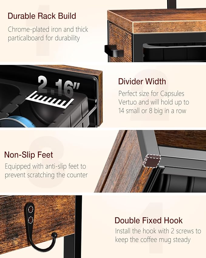 Coffee Pod Holder, Vertuo Pod Holder Compatible with Nespresso, 28 Large or 56 Small Nespresso Capsule Organizer Drawer Station with Cup Rack, Rustic Brown