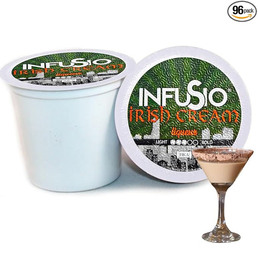 InfuSio Coffee Pods 96 Count Irish Cream Flavored Medium Roast Single serve Coffee pods for Keurig K Cups Brewers - InfuSio Premium Roasted Keurig 2.0 Compatible