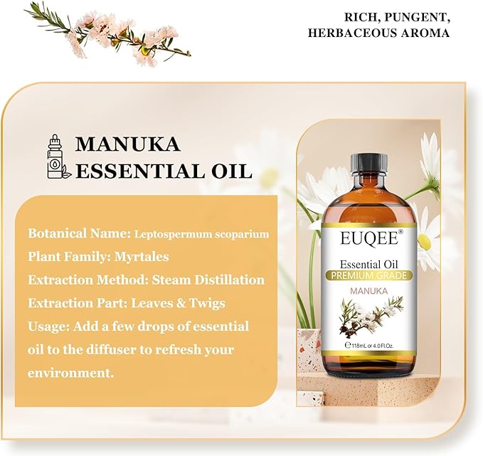 Manuka Essential Oil 118ml Large Capacity Pure Manuka Oil with Glass Dropper for Skin, Diffuser, Aromatherapy, Cleaning, Soap Candle Making - 4Fl.Oz