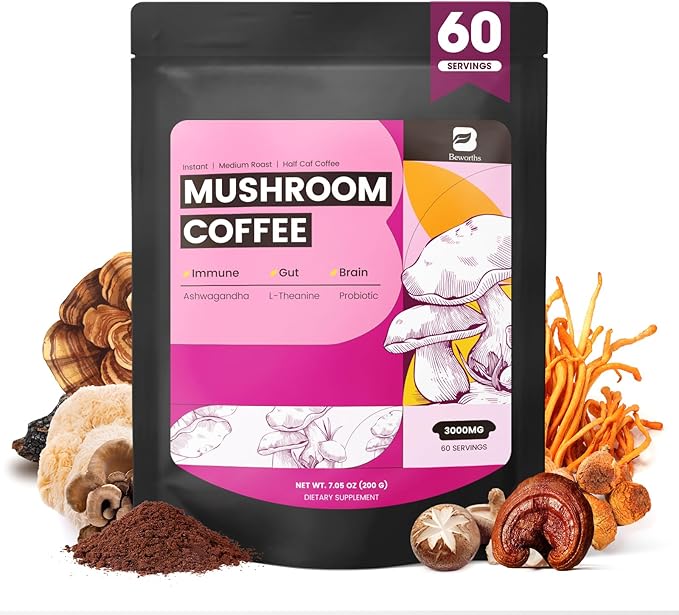 B BEWORTHS Mushroom Coffee, Slim Mushrooms Coffee Powder with Ashwagandha, Prebiotics, L-theanine, Lion's Mane, Reishi, Chaga, Turkey Tail, Mixed Arabica Instant Coffe for Focus, Immune & Gut Health
