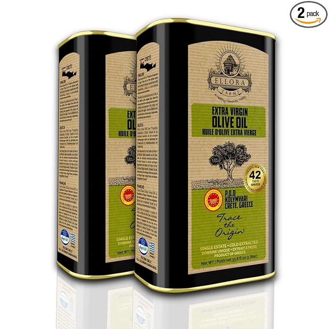 Ellora Farms Olive Oil Extra Virgin, Traceable & Certified PDO Polyphenol Rich Extra Virgin Olive Oil Cold Pressed, Global Gold Awards, Kosher, Single Origin from Crete, Greece 33.8 Fl oz, Pack of 2